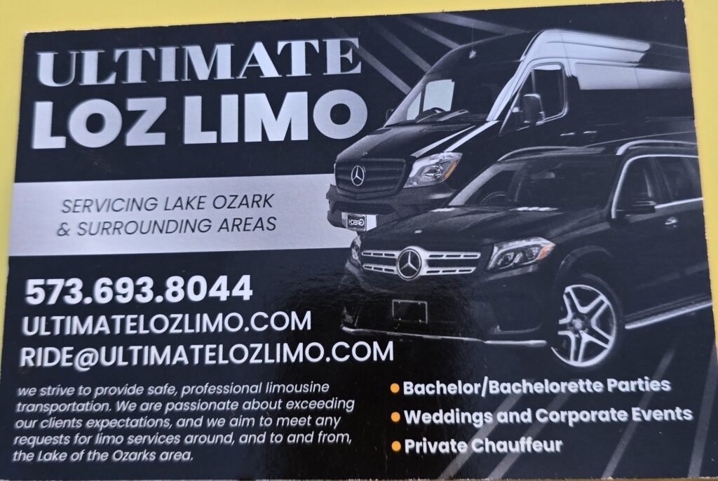 Ultimate LOZ Limo card: limo and party rentals around Lake Ozark, sister business of Eagles Nest