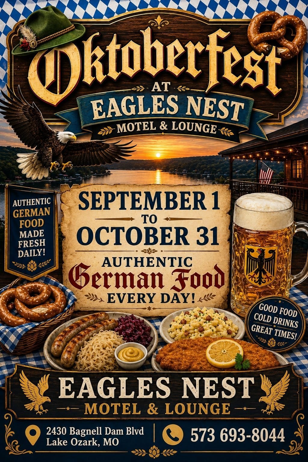 Oktoberfest at Eagles Nest flyer: authentic German food every day, September 1 to October 31